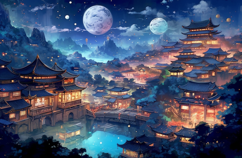 双满月古代城市蓝色星空夜晚山川古代建筑国风写意插画,插画/手绘图,插画/手绘图库,插画/手绘图下载,插画/手绘